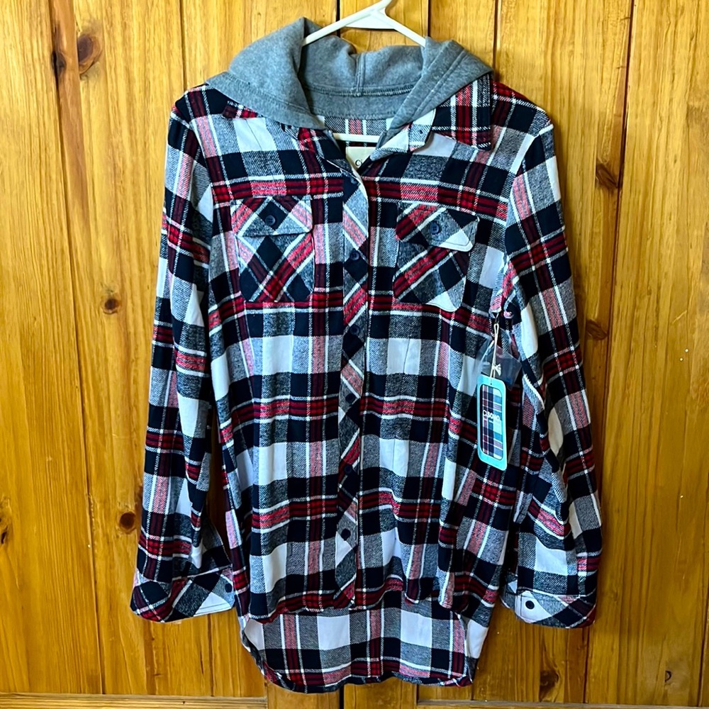 Brand new hooded flannel,lMixture of the colors; red, blue, grey and white. - Picture 1 of 2